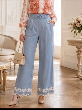 New Elie Tahari Kids Blue Pants with White Lace Trim size 10  100%coton